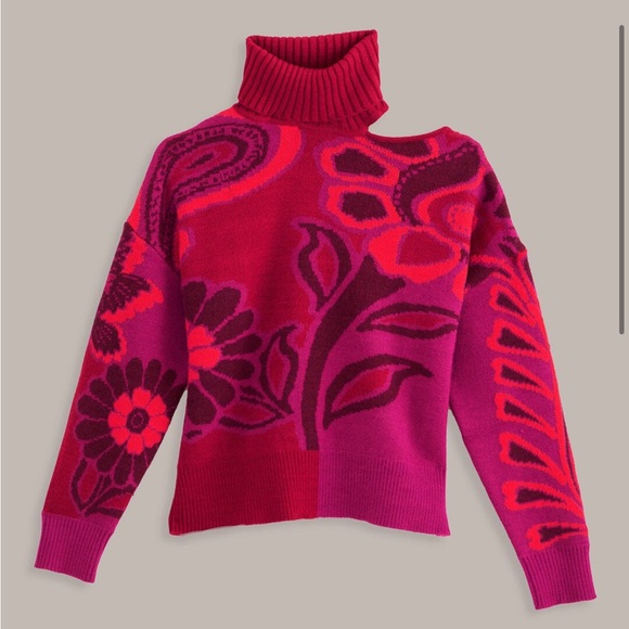 NWT Farm Rio pink bold floral knit sweater with one shoulder cut out, size XL - Picture 9 of 10